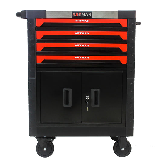 Removable 4 Drawer Metal Tool Cart With Lock - Black / Red