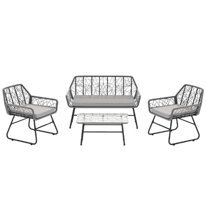 4 Piece Wicker Patio Furniture Set With Tempered Glass Table And Detachable Cushions