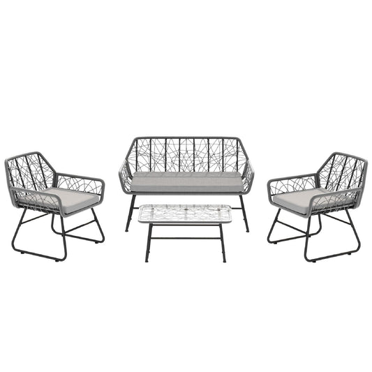4 Piece Wicker Patio Furniture Set With Tempered Glass Table And Detachable Cushions