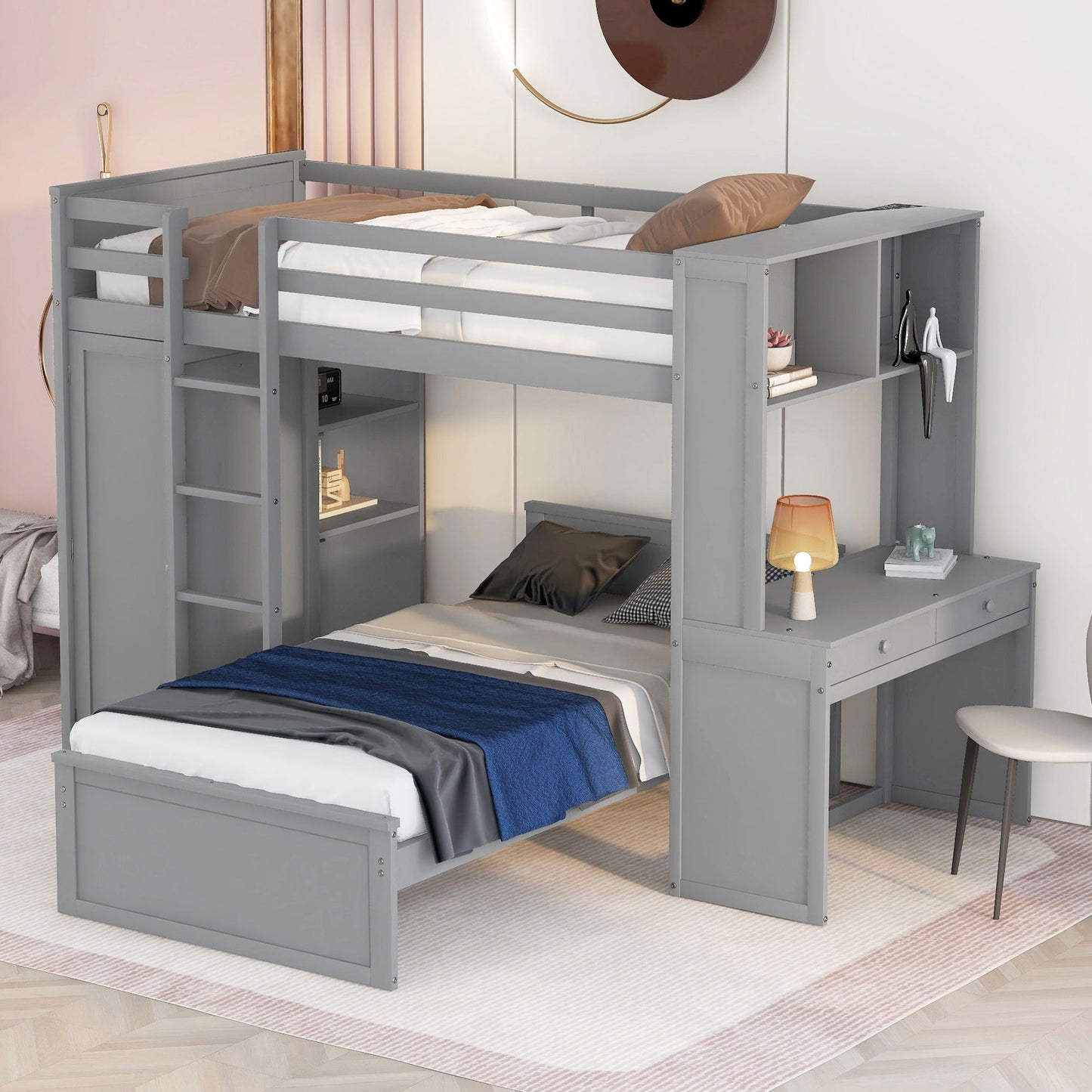 Loft Bed With A Stand Alone Bed, Shelves, Desk, And Wardrobe