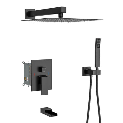Wall Mounted Square Shower System With Waterfall Tub Spout, 12" Rainfall Shower Head And Handheld Shower - Matte Black