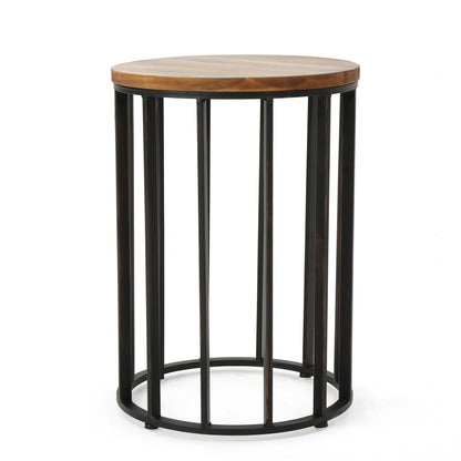 Outdoor Cylindrical Side Table With Round Solid Wood Top And Metal Frame - Natural