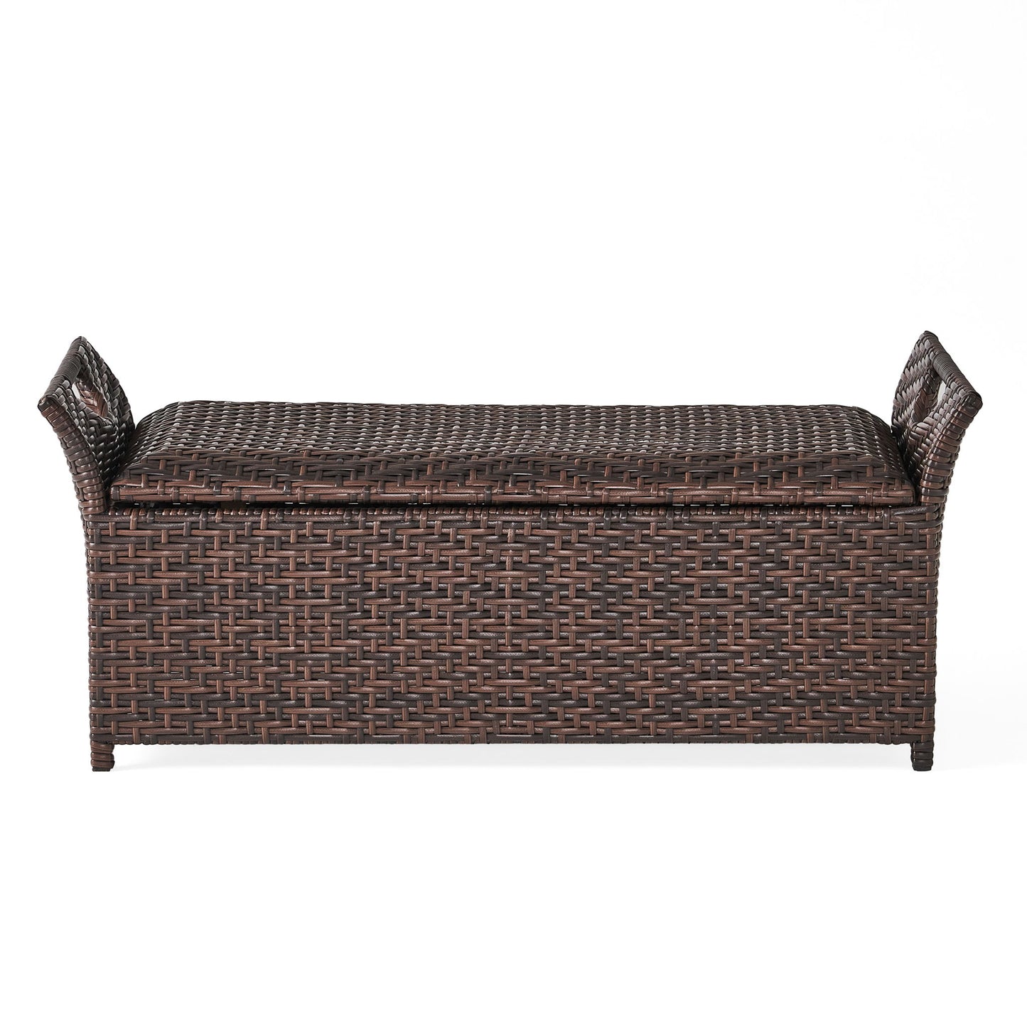 Outdoor Rattan Bench With Flair Arm And Storage - Brown