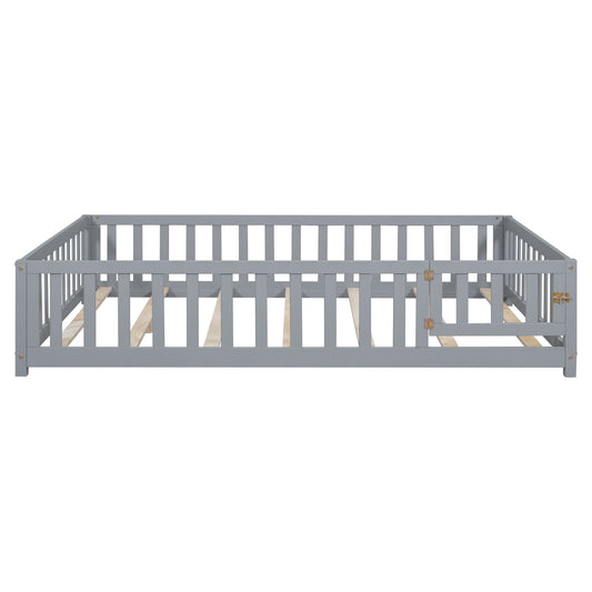 Montessori - Full Size Wooden Floor Platform Bed With Fence And Door, Montessori Floor Bed Frame With Support Slats For Toddlers - Gray