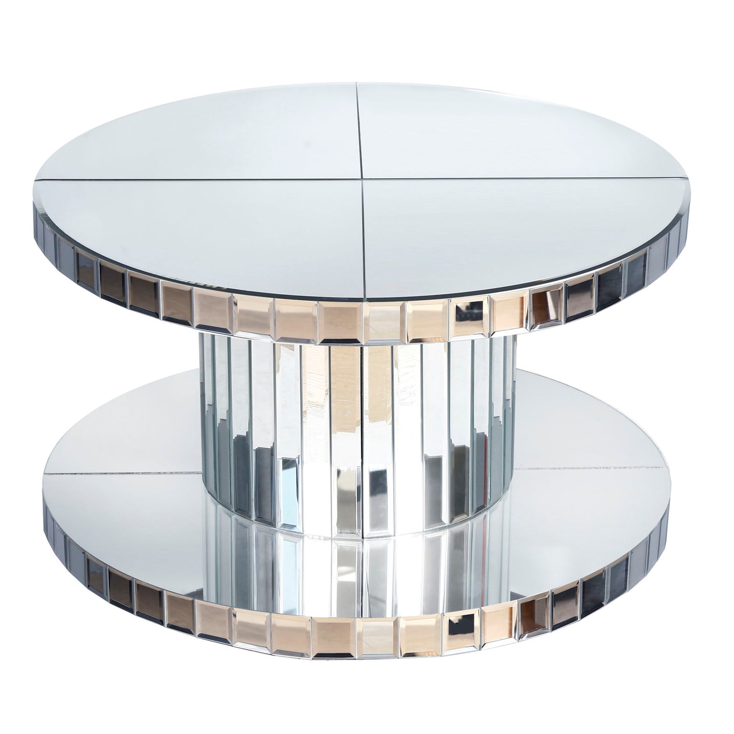 Luxury Double Tier Round Mirror Coffee & End Table With Fluted Glass Modern Sofa Side Table - Silver / Glass
