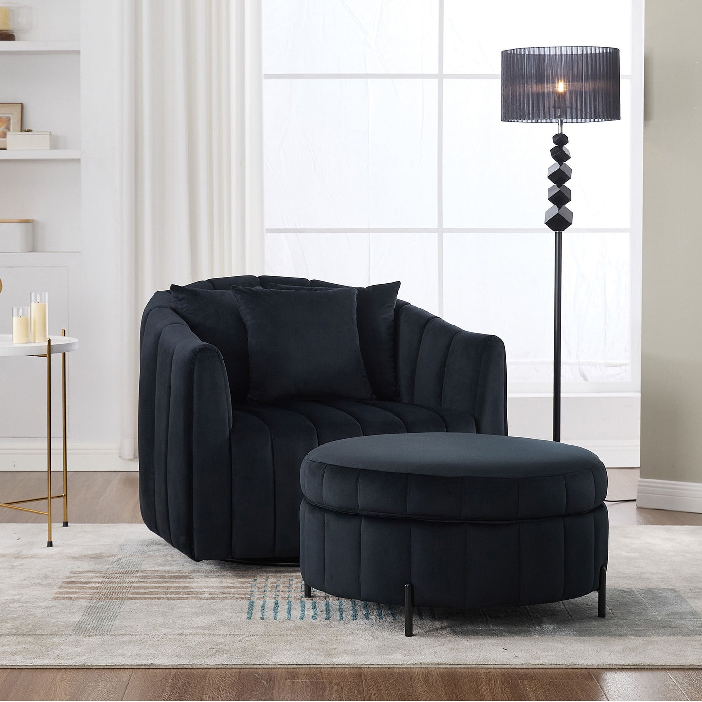 Oversized Velvet Swivel Barrel Accent Chair And Ottoman Set With Storage