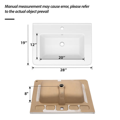 Rectangular Single Vanity Top With 1 Faucet Hole And Overflow, 28 X 19" - White