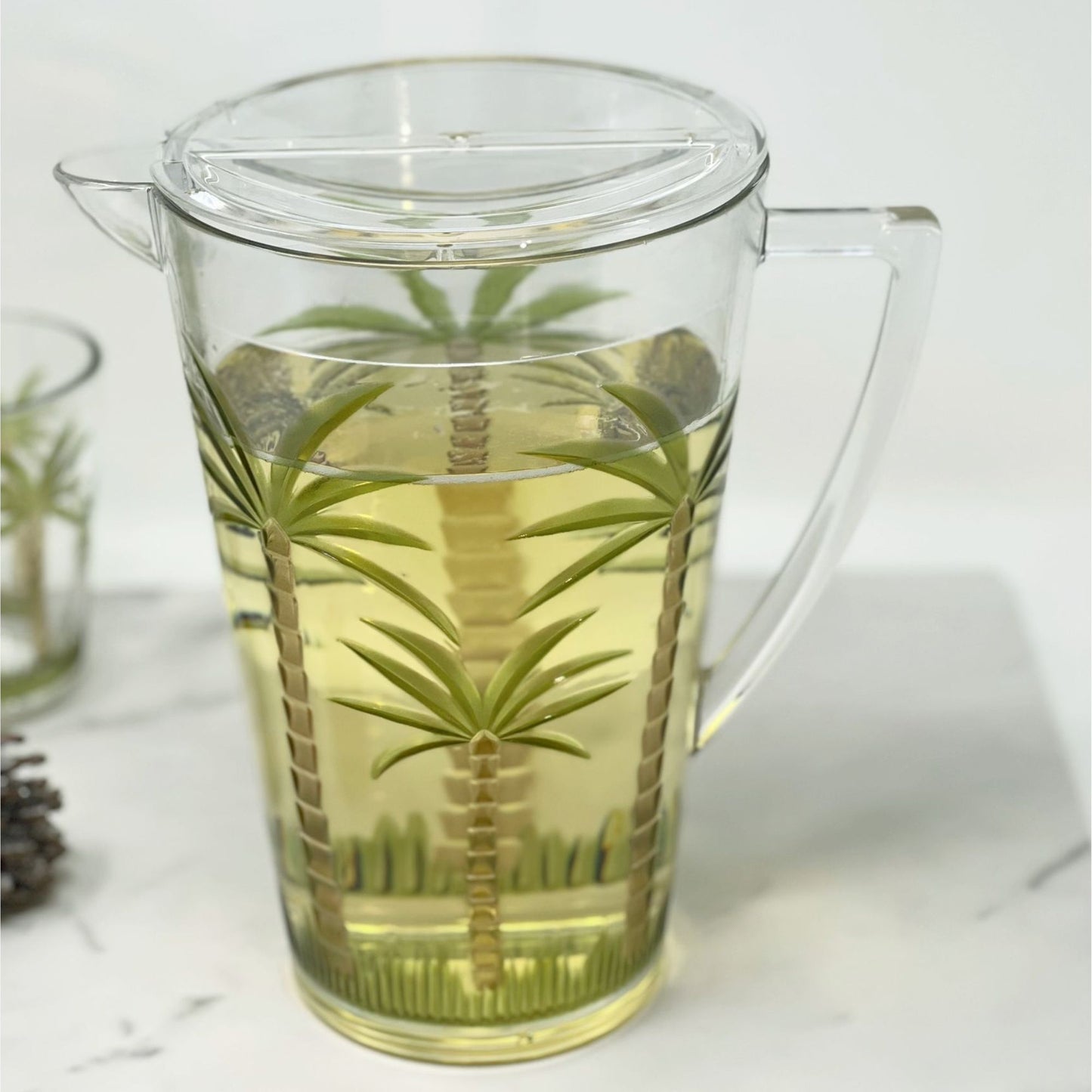 Unbreakable Plastic Water Pitcher With Lid, Palm Tree Design - Clear