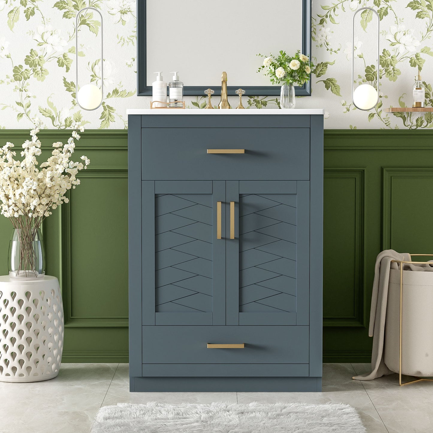 Modern Bathroom Vanity With Integrated Ceramic Sink, 2 Door Cabinet With Tip-Out Drawer