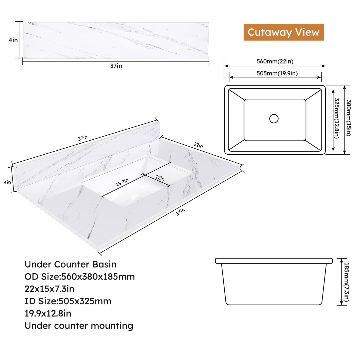 Bianco Carrara Venato Marble Vanity Top With Pre Drilled Faucet Hole And Undermount Sink