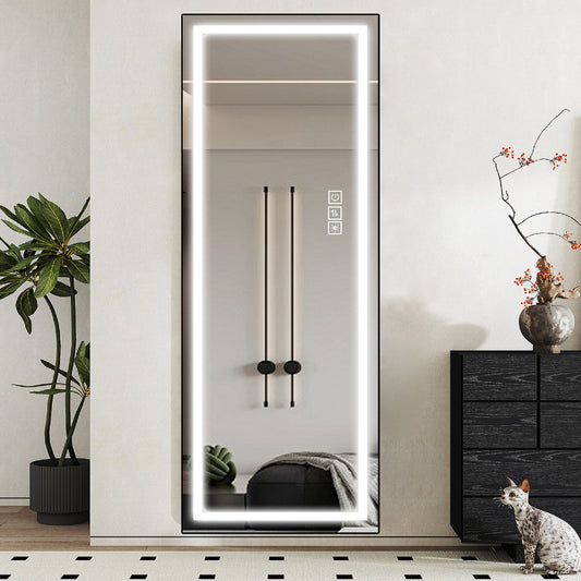Led Mirror Full Length Mirror With Lights Wide Standing Tall Full Size Mirror For Bedroom Giant Full Body Mirror Large Floor Mirror With Lights Stand Up Dressing Big Lighted Mirror - Black