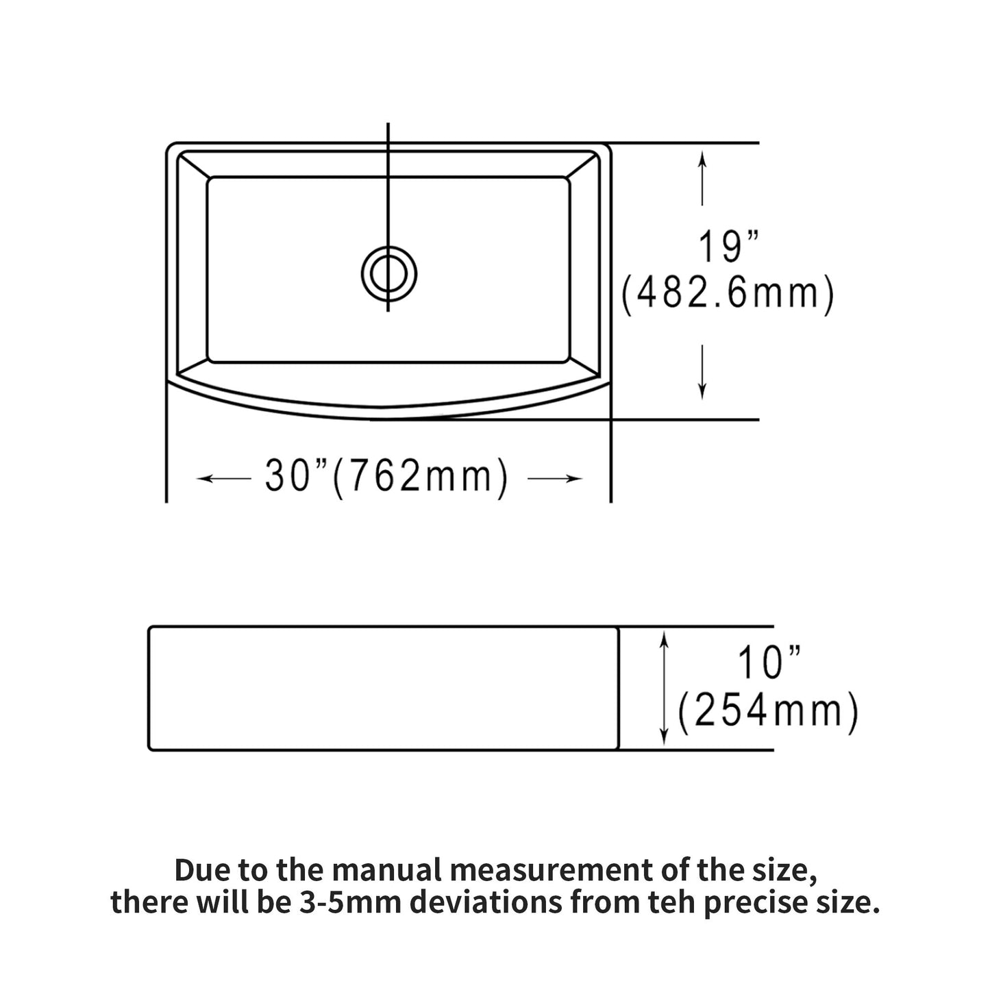 Ceramic Farmhouse Sink, Apron Front Single Bowl With Arch Edge