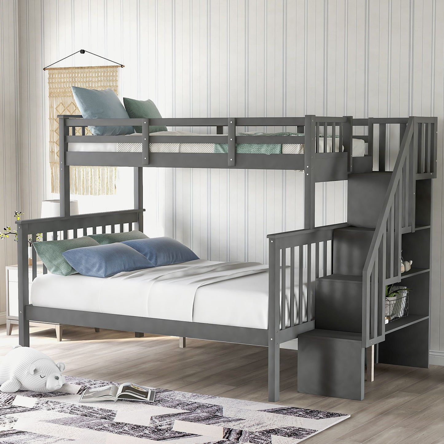 Stairway Bunk Bed With Storage And Guard Rail For Bedroom