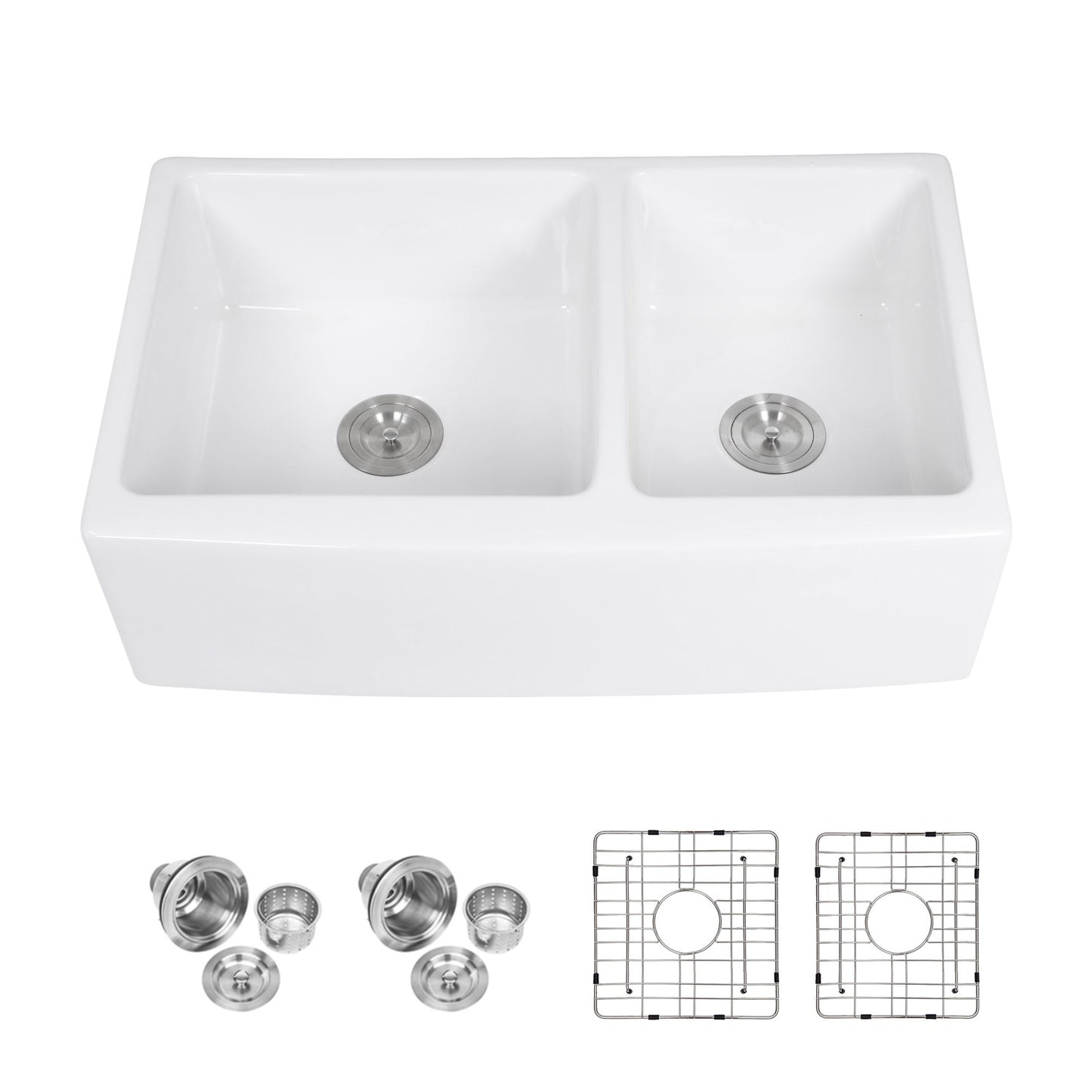 Sink 33" Double Bowl 60 / 40 Kitchen Sink With Deep Basin And Grids - White