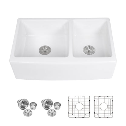 Sink 33" Double Bowl 60 / 40 Kitchen Sink With Deep Basin And Grids - White