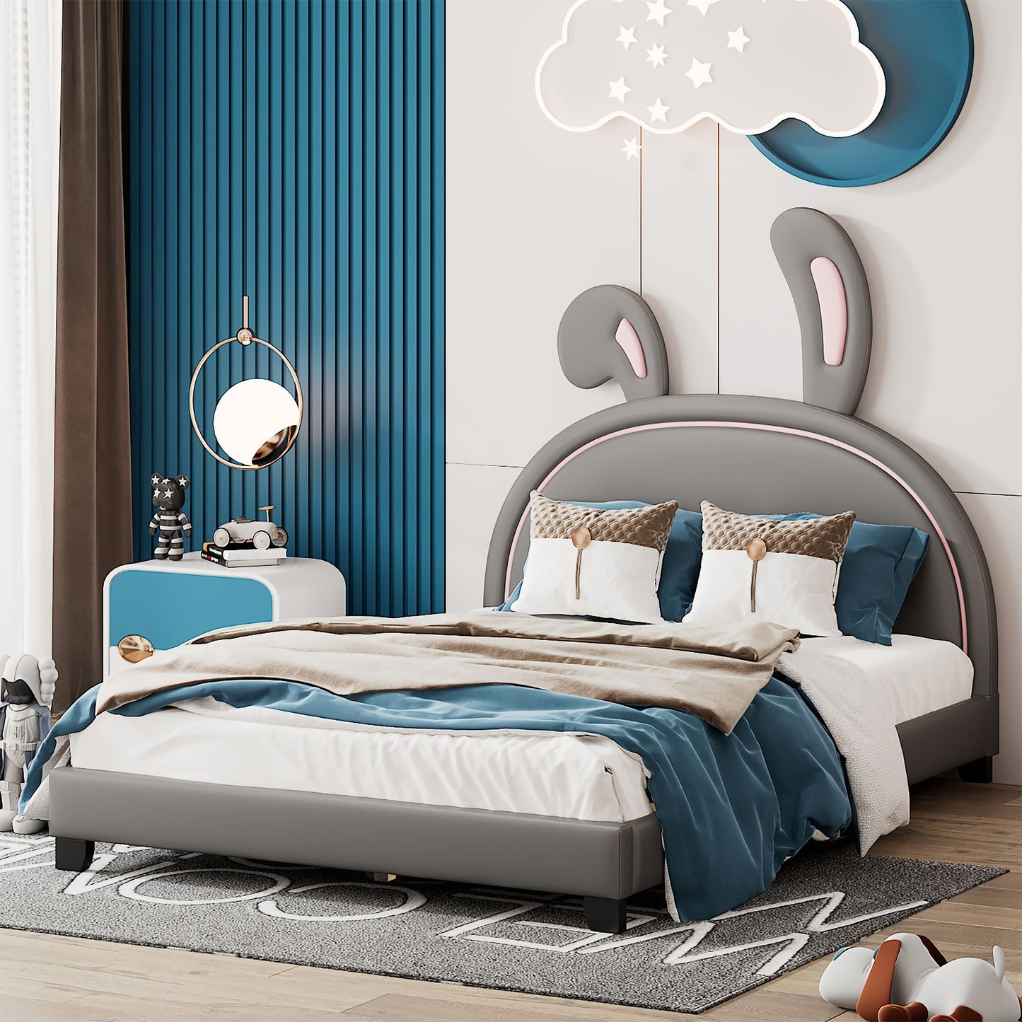 Upholstered Leather Platform Bed With Rabbit Ornament