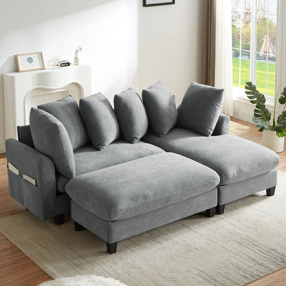 Upholstered L Shaped Sectional Sofa With Storage, Movable Ottoman, And 6 Throw Pillows
