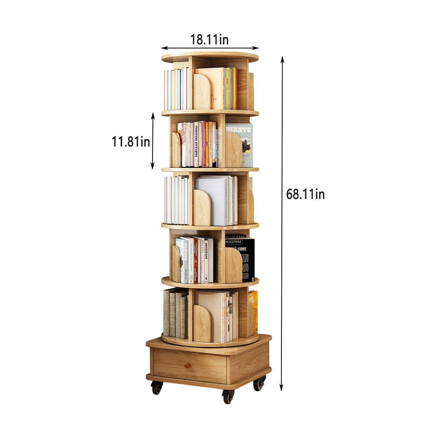 Rotating Bookshelf With Wheels And Drawer, 360° Spinning Design, Space Saving Storage