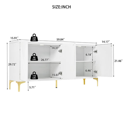Modern Wood Sideboard Cabinet With Carved Door Panels, Adjustable Shelves, And Sturdy Metal Legs