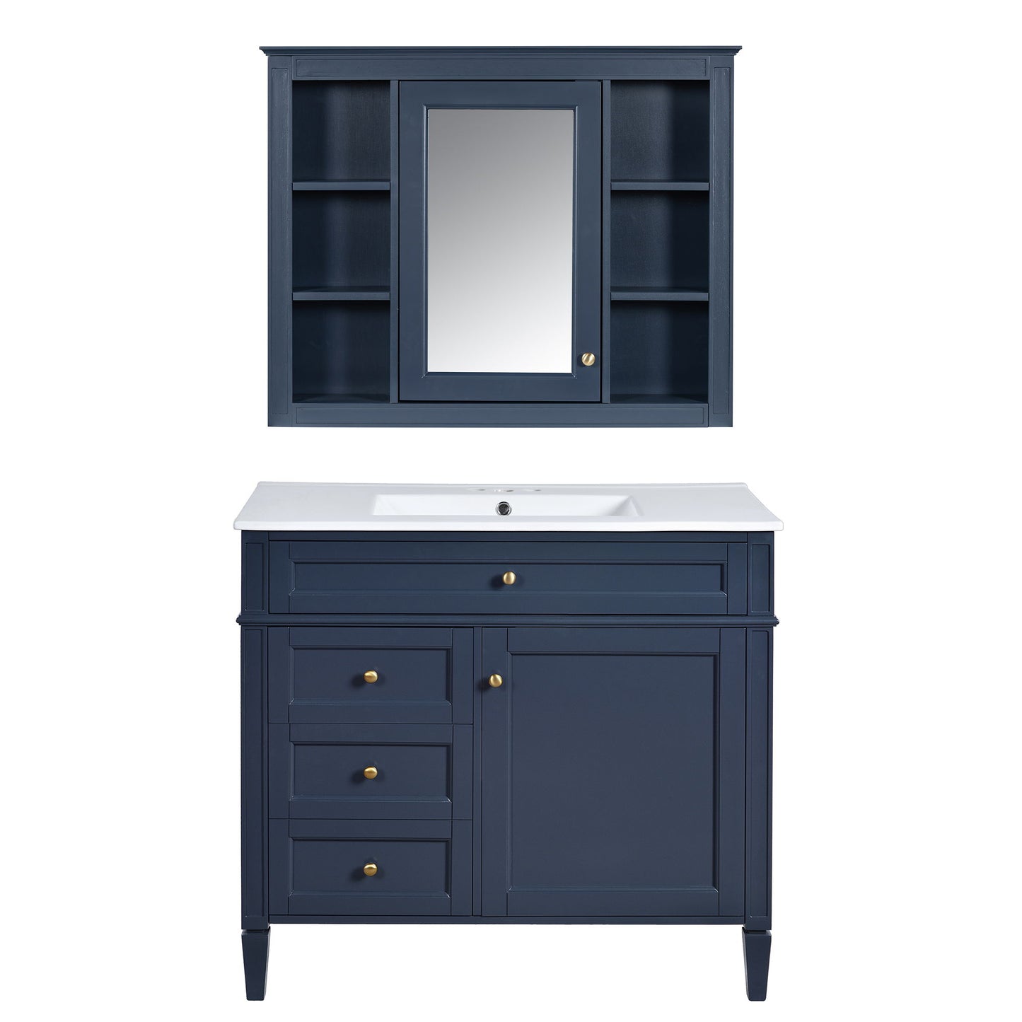Bathroom Vanity With Mirror Cabinet, Single Sink With 2 Soft Closing Doors And 4 Drawers