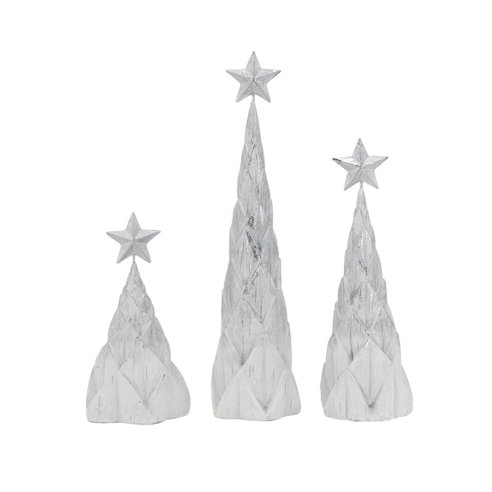 Resin / Foil Christmas Tree With Star Top (Set of 3) - White / Silver