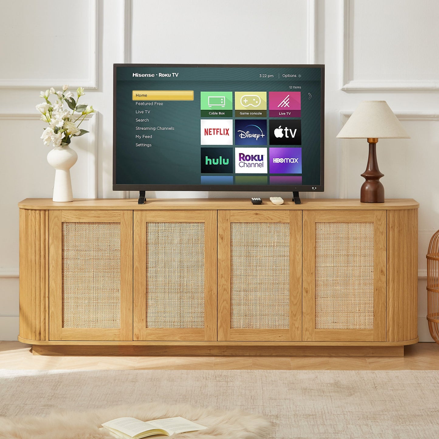 Contemporary Wave Shaped TV Stand With Rattan Doors