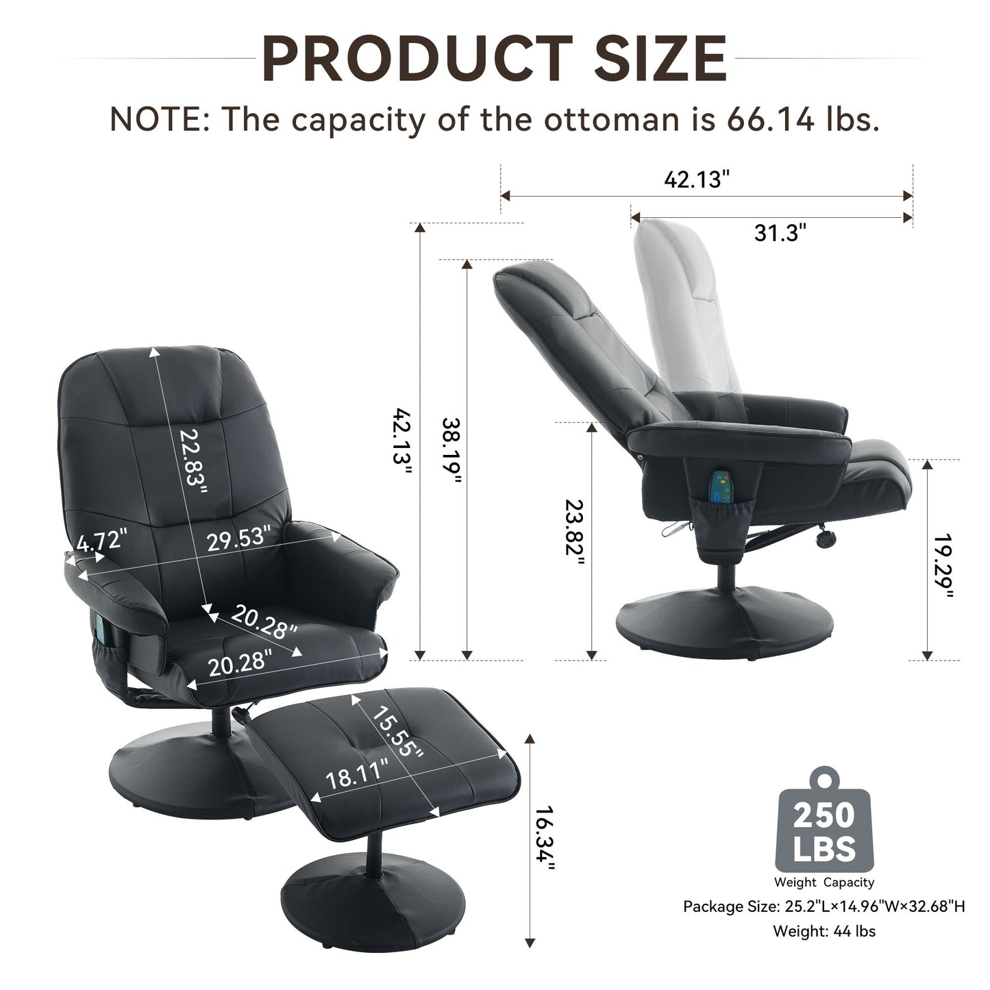 360° Swivel Reclining Chair With Wrapped Base, 5 Point Vibration Massage