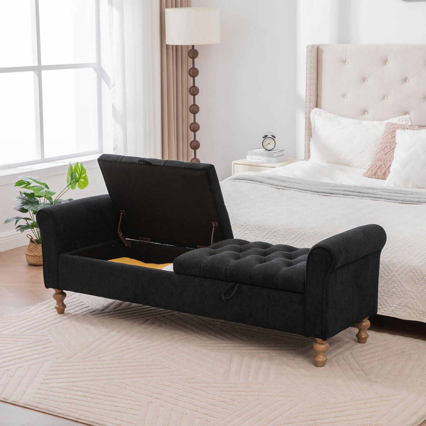 Modern Upholstered Storage Bench With Rolled Armrests]