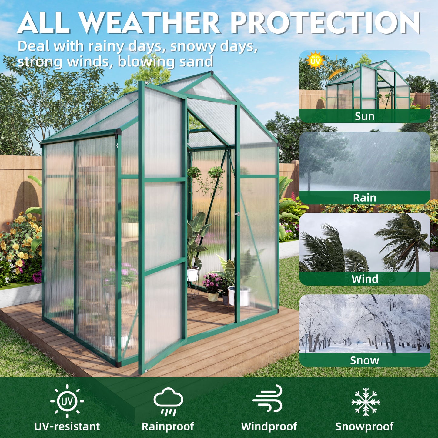 Polycarbonate Walk-In Greenhouse, Raised Base For Outdoor In All Season