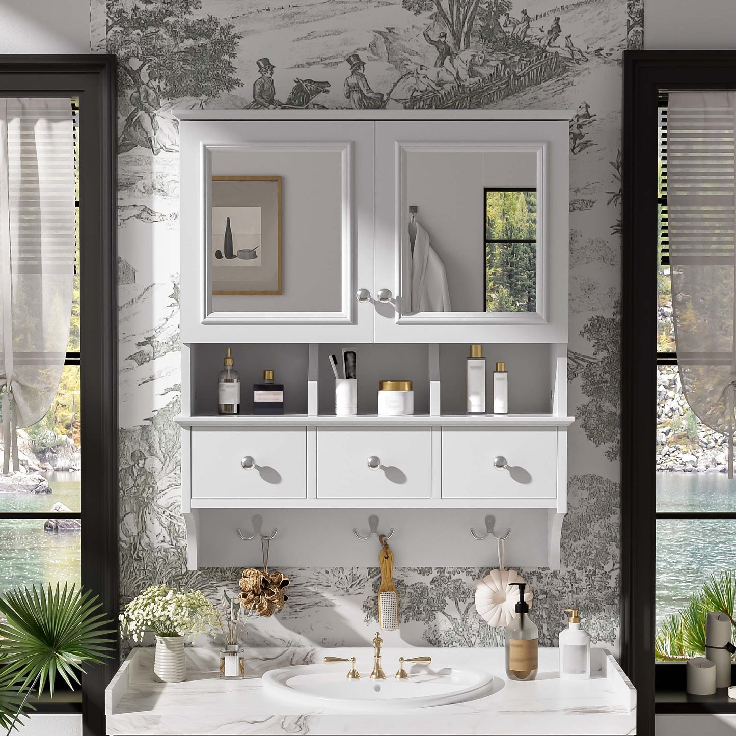 Modern Bathroom Mirror Cabinet With Drawers, Organizer Hooks, And High-Definition Mirrors
