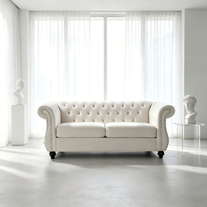Chesterfield Button Tufted Loveseat With Rolled Arms - Ivory