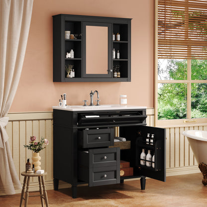Bathroom Vanity With Mirror Cabinet, Single Sink With 2 Soft Closing Doors And 4 Drawers