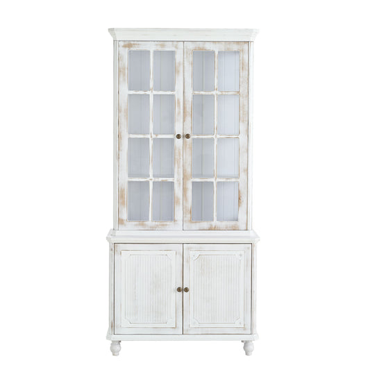 Vintage Display Cabinet With Double Glass Doors, Traditional Style Hutch For Home Or Workspace Washed - White Washed