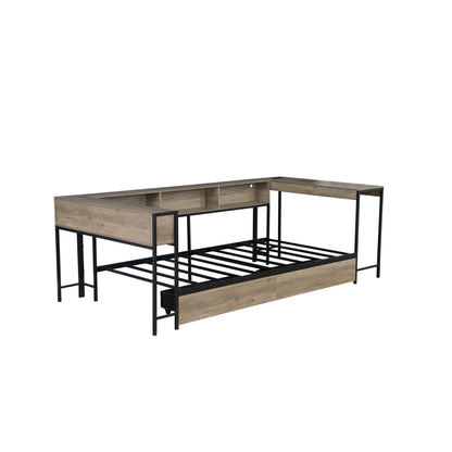 Corner Bed Frame Twin Size With Bookcase And 2 Underbed Storage Drawers, Modern Twin Bed With LED Light And Charging Station, Modern Daybed Reversible Left Or Right - Gray