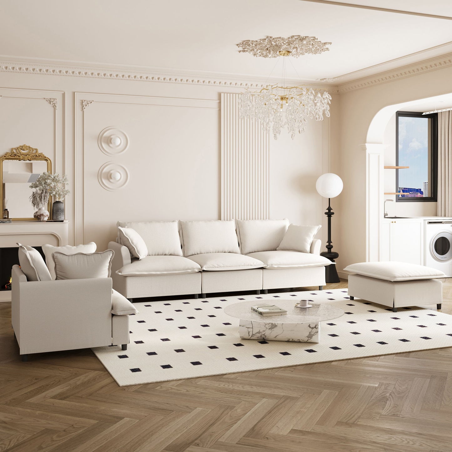 Living Room Set Modular Sectional Couch, Upholstered Sofa & Armchair & Movable Ottoman