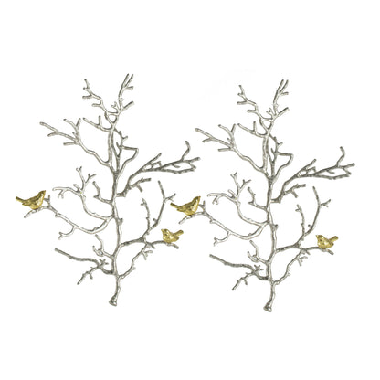 Metal Branch Wall Sculptures With Bird Accents (Set of 2) - Silver Multi