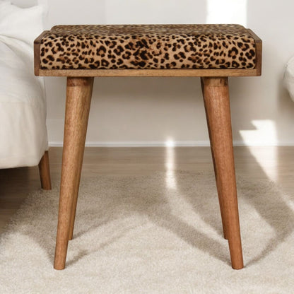 Leopard Velvet Tray Style Footstool - Brown Oak