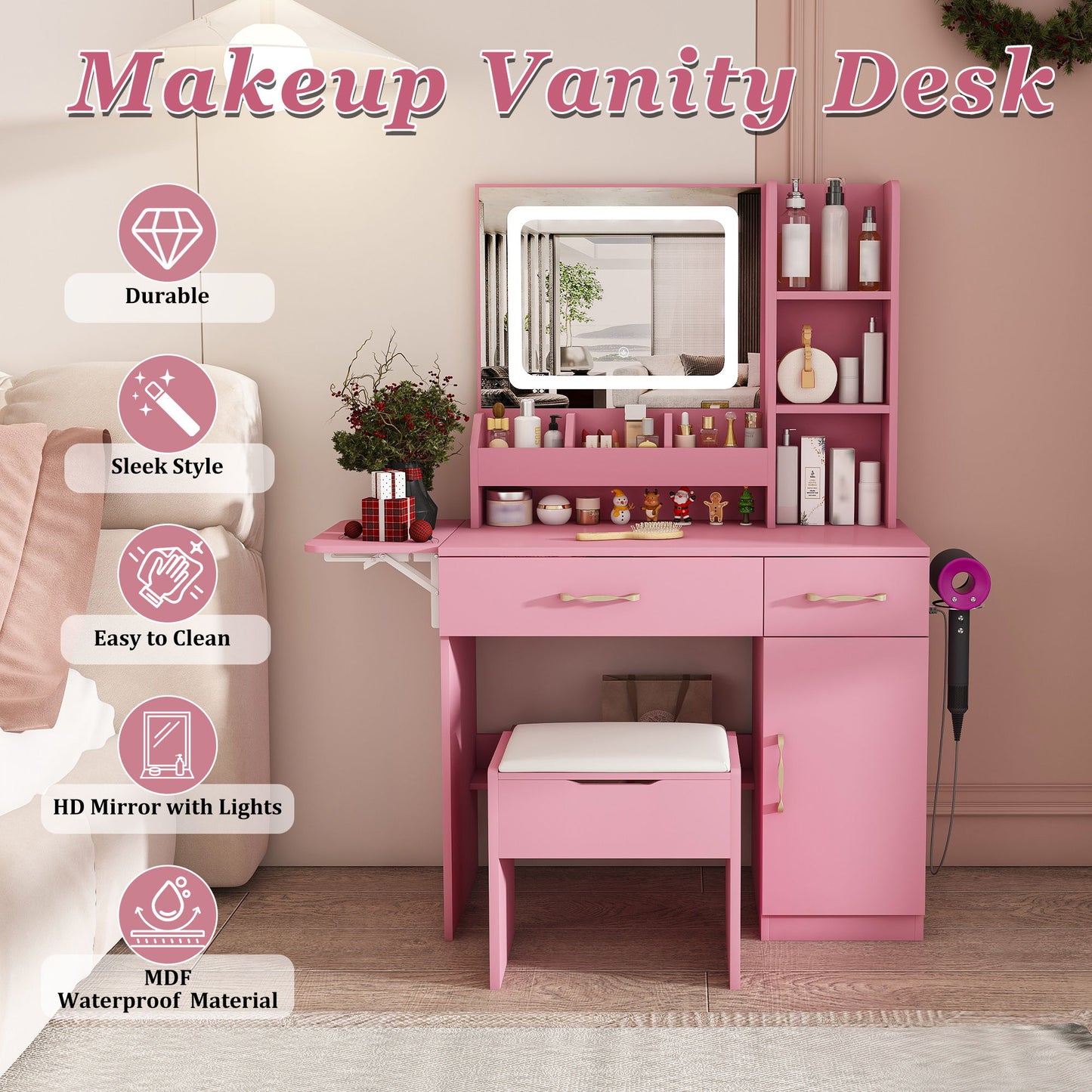 Vanity Desk With LED Mirror Lights And Power Outlet Charging Station, 3 Drawers, 7 Shelves, Storage Stool - Pink