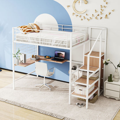 Loft Bed With Desk And Grid, Stylish Frame With Lateral Storage Ladder And Wardrobe