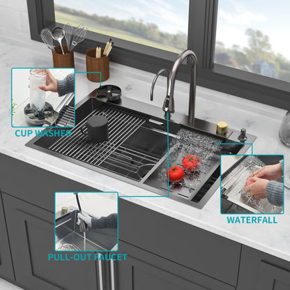 Waterfall Kitchen Sink With Pull Out Faucet & Cup Washer