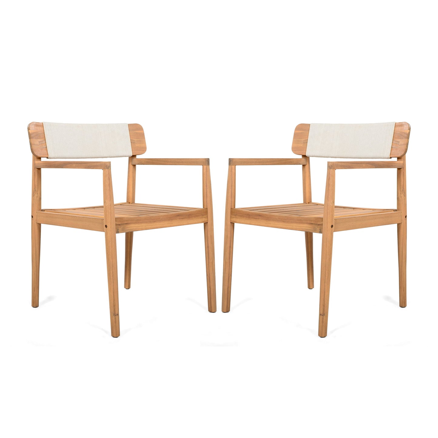 Creative Braided Acacia Wood Outdoor Dining Table And Chairs With Armrests (Set of 2) - Teak / White