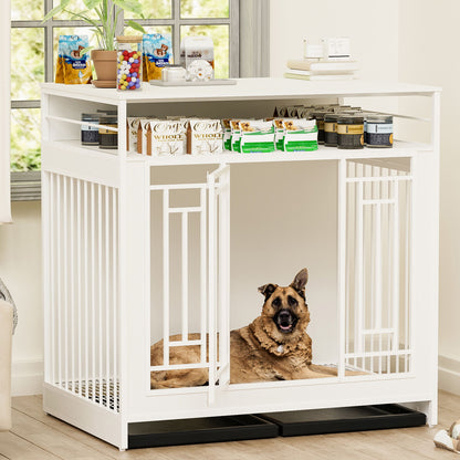 Wooden Dog Crate Furniture With Divider And Storage - White
