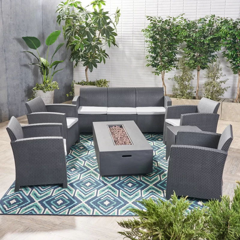 Outdoor Faux Wicker Rattan Style Chat Set With Water Resistant Cushions, 5 Pieces Set - Charcoal / Light Gray