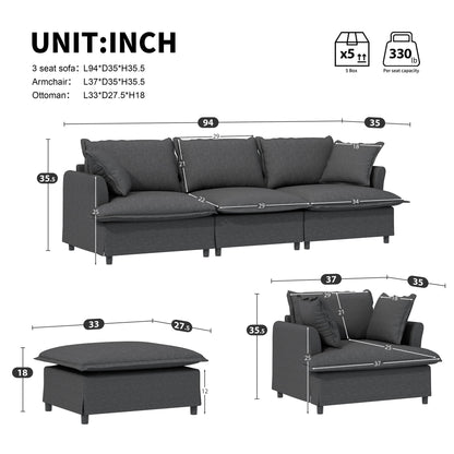 Living Room Set Modular Sectional Couch, Upholstered Sofa & Armchair & Movable Ottoman