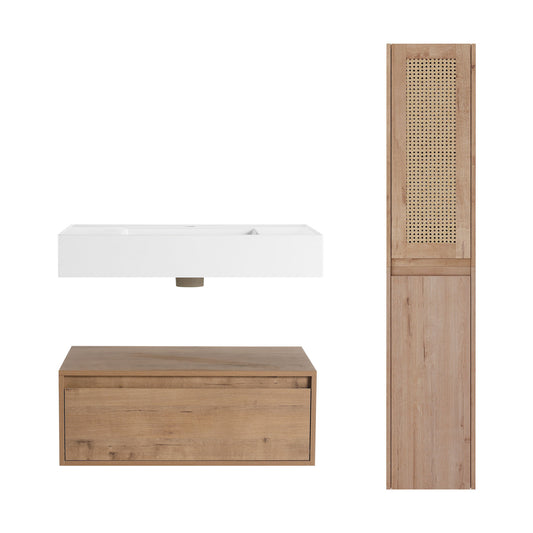 Contemporary Wall Mounted Bathroom Vanity With Resin Sink And 2 Side Cabinet - Imitative Oak