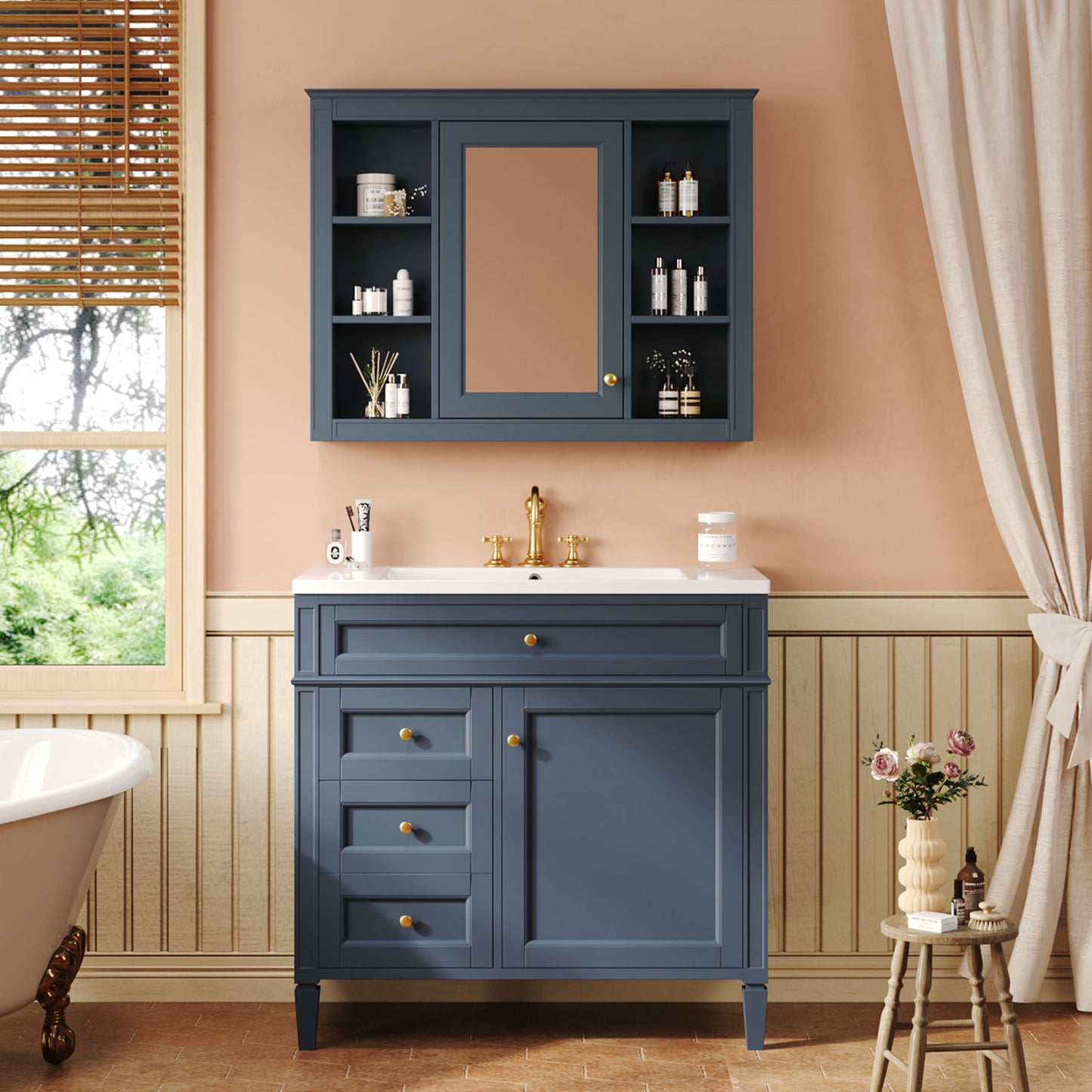 Bathroom Vanity With Mirror Cabinet, Storage Cabinet With 2 Soft Closing Doors And 4 Drawers, Undermount Sink