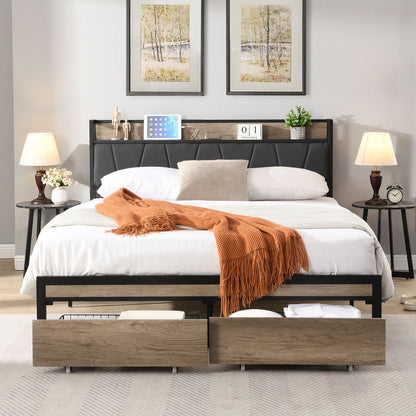 Modern Platform Bed Frame With Upholstered Storage Headboard, USB Ports
