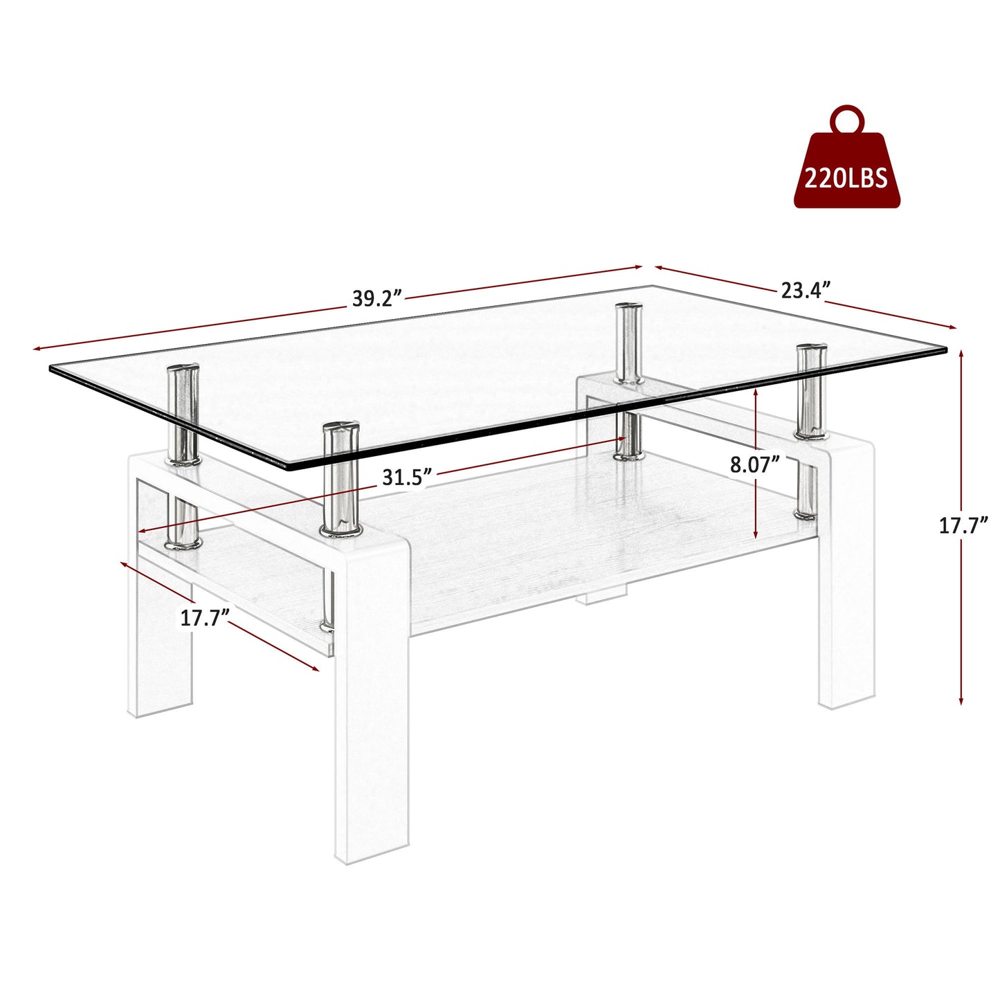 Modern Rectangular Coffee Table With Tempered Transparent Glass Top And Storage Shelf