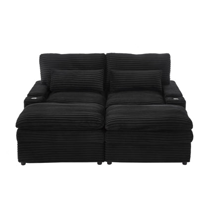 Convertible Loveseat Sofa With Storage, USB Ports, Cup Holders - Black