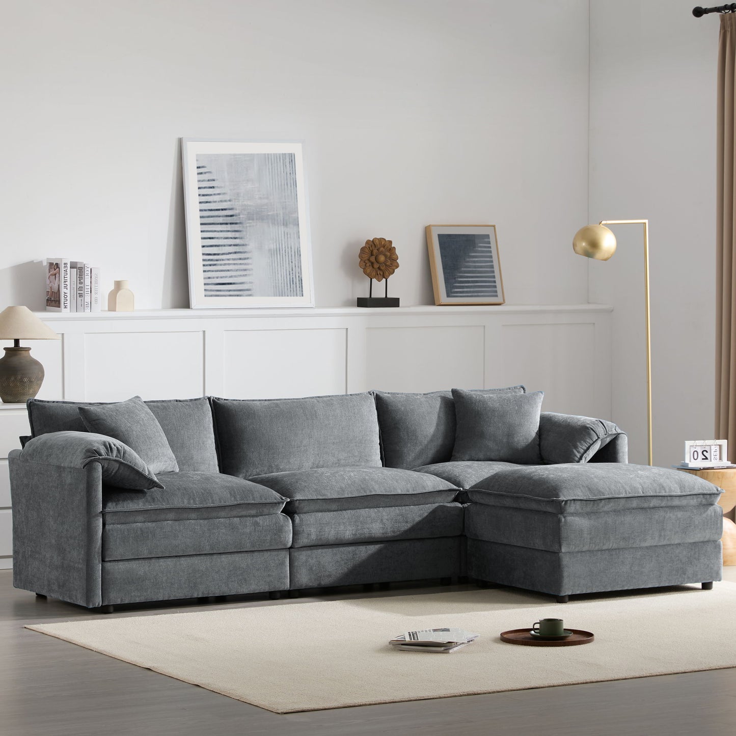 Modular Sectional With Deep And Wide Seat, Cloud Couch Set With Double Cushions Sofa With Movable Ottoman